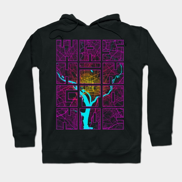 Washington DC, USA - Neon City Map Typography - Neon Hoodie by deMAP Studio